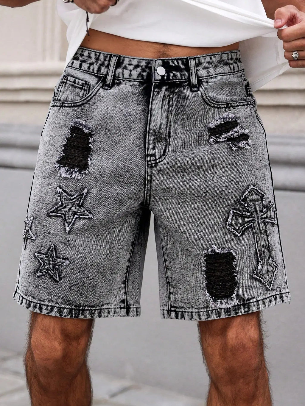 Men's Summer Denim Shorts. Straight - leg fit. Ripped design. Dark gray denim embroidered shorts - StepByStepNow