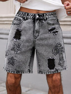 Men's Summer Denim Shorts. Straight - leg fit. Ripped design. Dark gray denim embroidered shorts - StepByStepNow