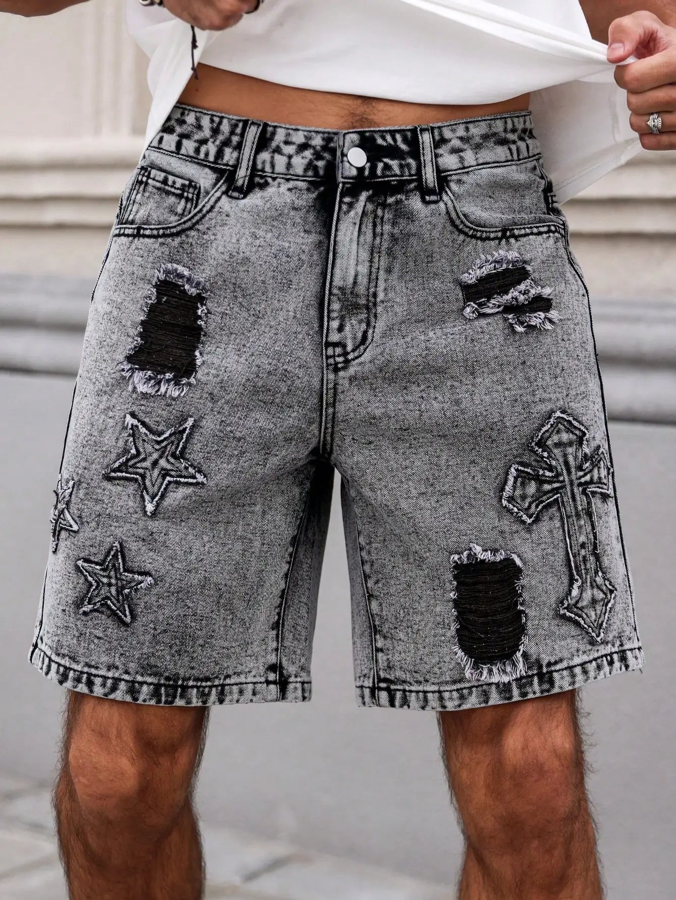 Men's Summer Denim Shorts. Straight - leg fit. Ripped design. Dark gray denim embroidered shorts - StepByStepNow
