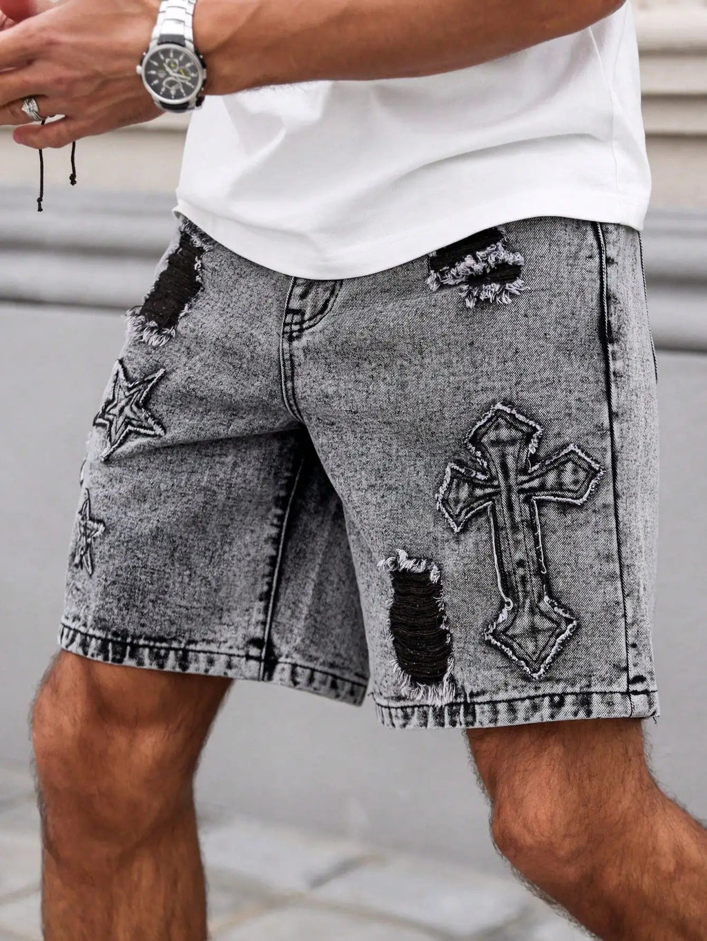 Men's Summer Denim Shorts. Straight - leg fit. Ripped design. Dark gray denim embroidered shorts - StepByStepNow