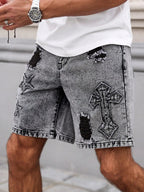 Men's Summer Denim Shorts. Straight - leg fit. Ripped design. Dark gray denim embroidered shorts - StepByStepNow