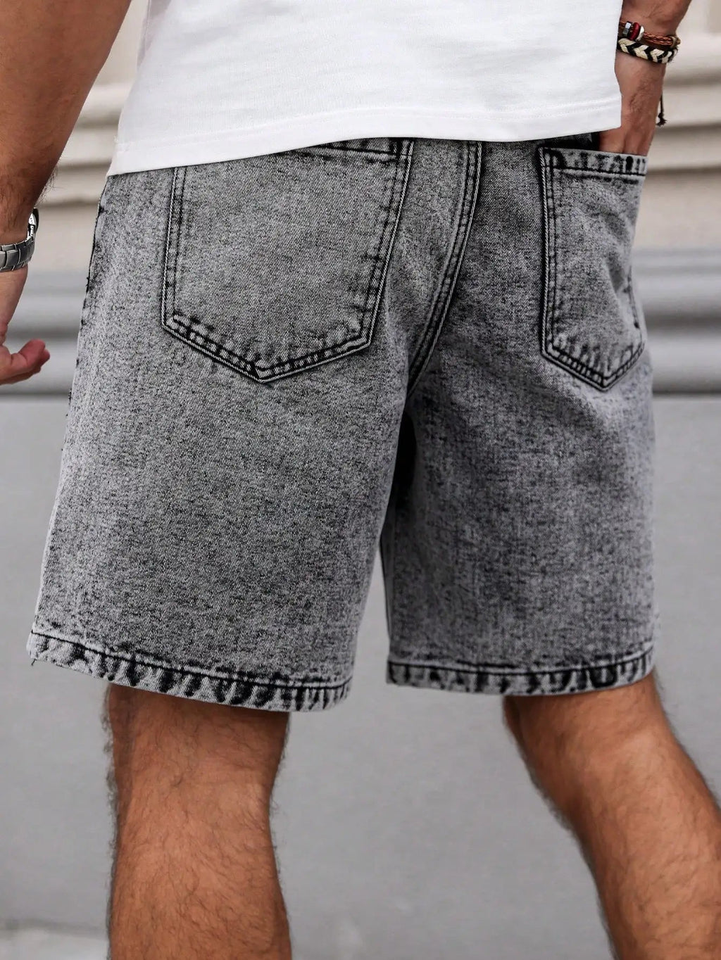 Men's Summer Denim Shorts. Straight - leg fit. Ripped design. Dark gray denim embroidered shorts - StepByStepNow