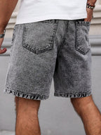 Men's Summer Denim Shorts. Straight - leg fit. Ripped design. Dark gray denim embroidered shorts - StepByStepNow