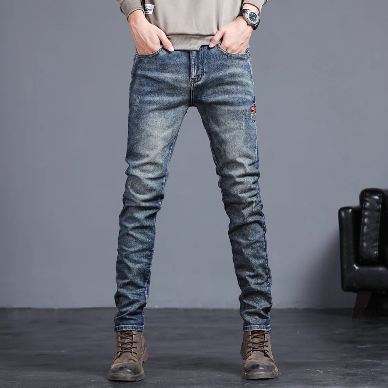 Men's Vintage Blue Slim Fit Jeans - Classic Solid Color Four Seasons Denim Pants - StepByStepNow