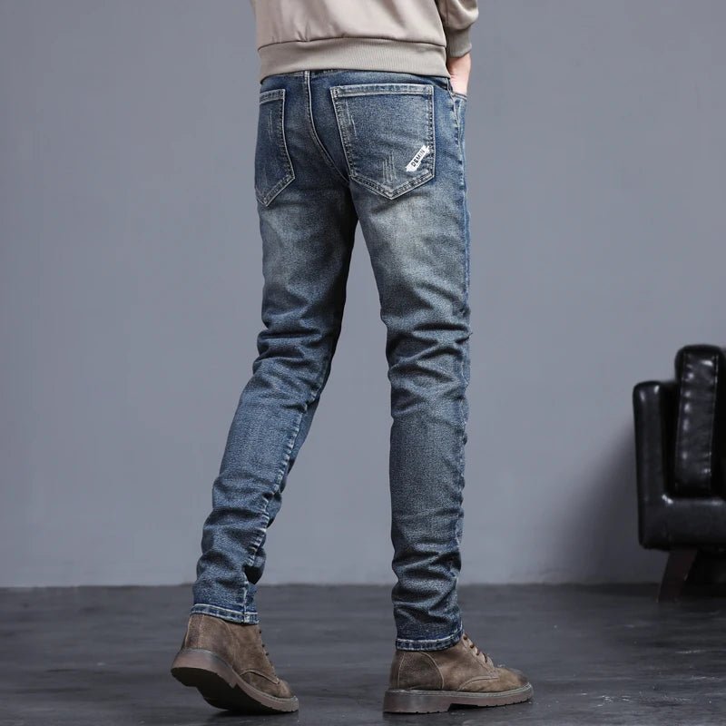 Men's Vintage Blue Slim Fit Jeans - Classic Solid Color Four Seasons Denim Pants - StepByStepNow