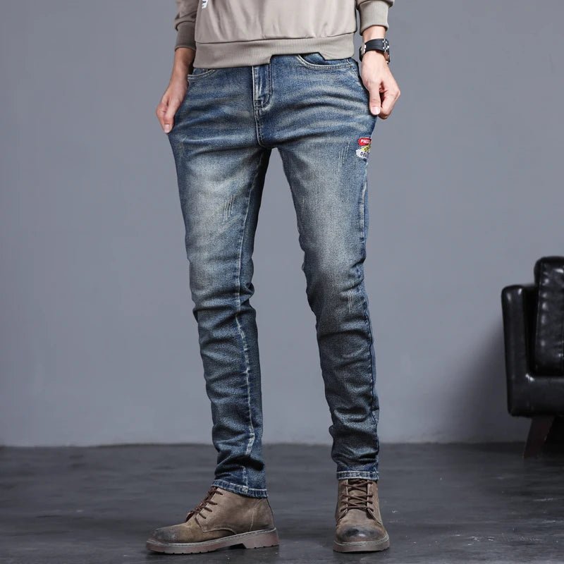 Men's Vintage Blue Slim Fit Jeans - Classic Solid Color Four Seasons Denim Pants - StepByStepNow