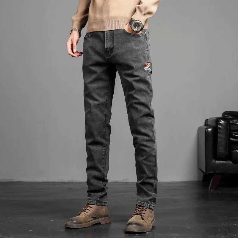 Men's Vintage Blue Slim Fit Jeans - Classic Solid Color Four Seasons Denim Pants - StepByStepNow