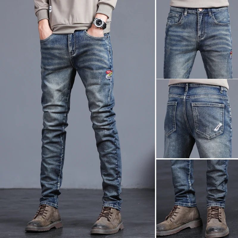 Men's Vintage Blue Slim Fit Jeans - Classic Solid Color Four Seasons Denim Pants - StepByStepNow