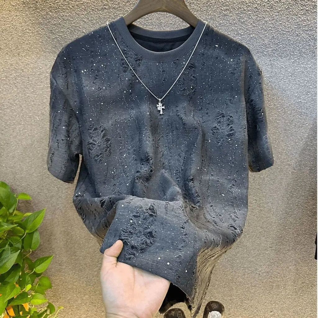 Men's Vintage Tie - Dye Ripped Sequin T-Shirt - Black & Bold - StepByStepNow