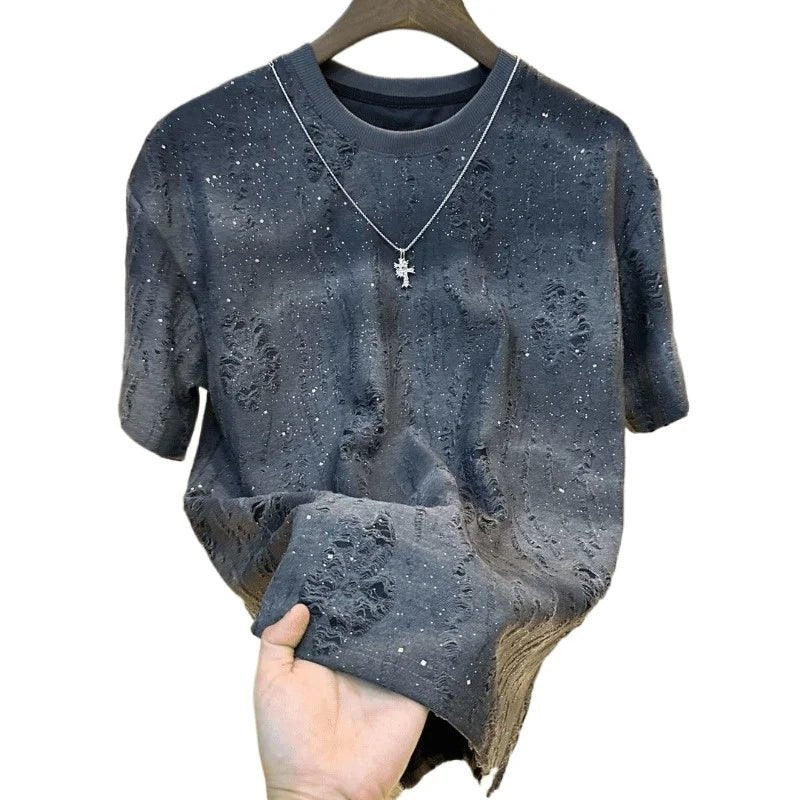 Men's Vintage Tie - Dye Ripped Sequin T-Shirt - Black & Bold - StepByStepNow