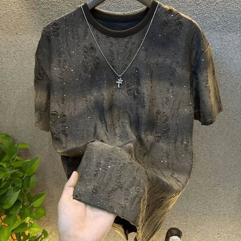 Men's Vintage Tie - Dye Ripped Sequin T-Shirt - Black & Bold - StepByStepNow