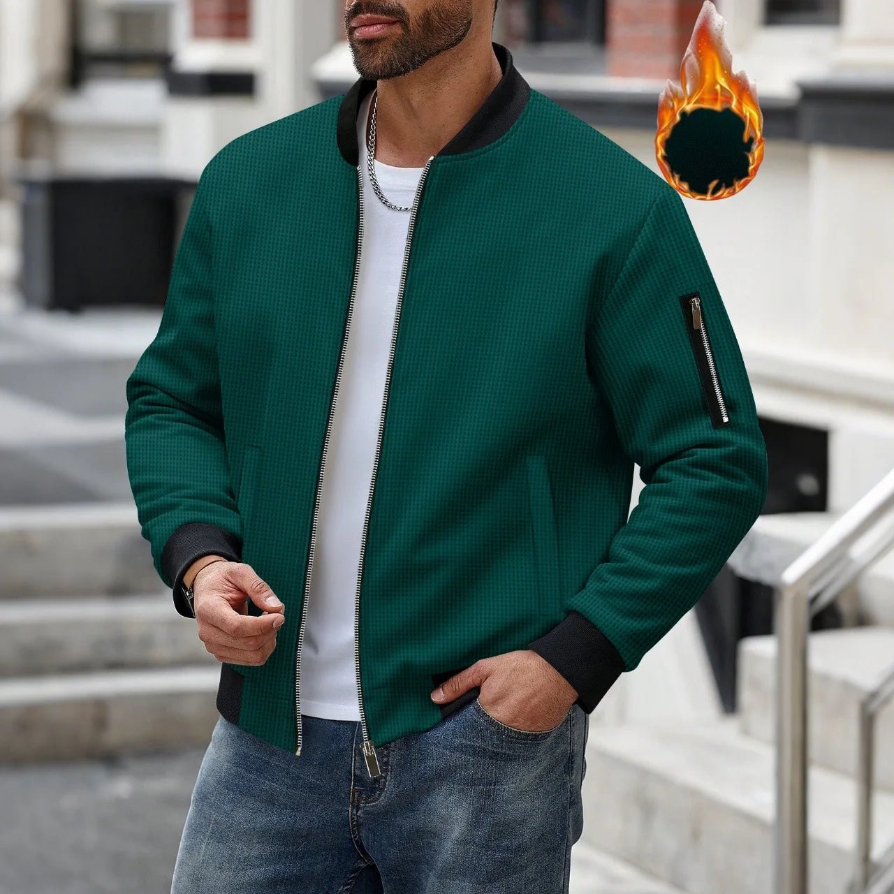 Men's Waffle Textured Thermal Bomber Jacket – Fleece Lined Full Zip Coat with Sleeve Pocket, Casual Winter Streetwear & Daily - StepByStepNow