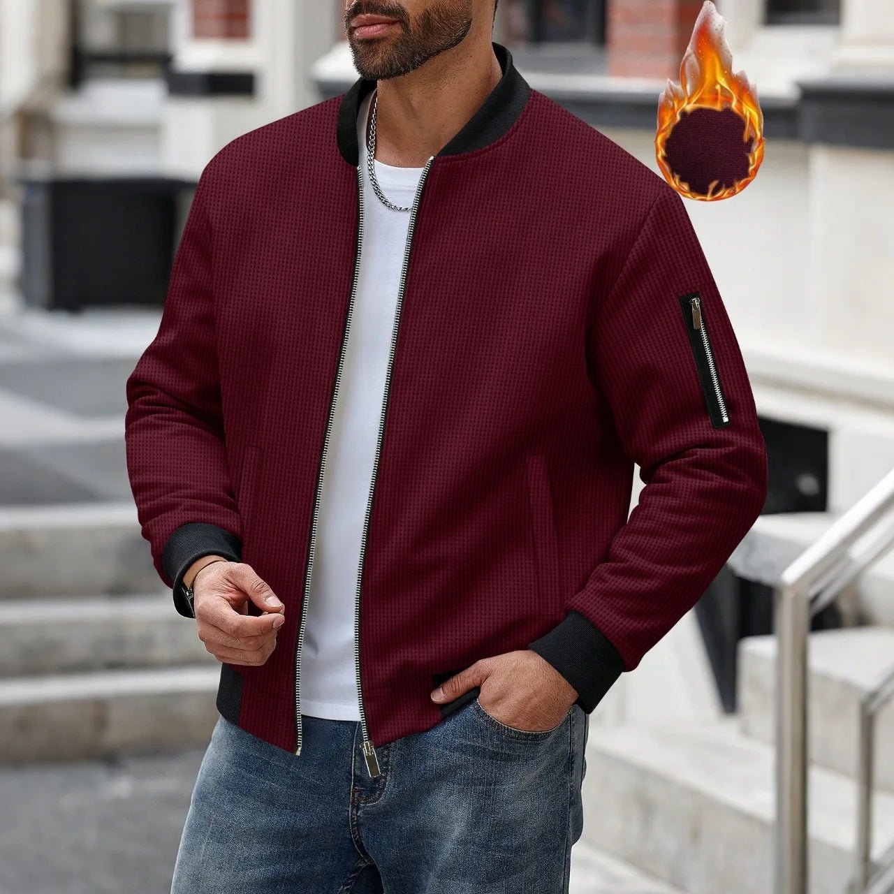 Men's Waffle Textured Thermal Bomber Jacket – Fleece Lined Full Zip Coat with Sleeve Pocket, Casual Winter Streetwear & Daily - StepByStepNow
