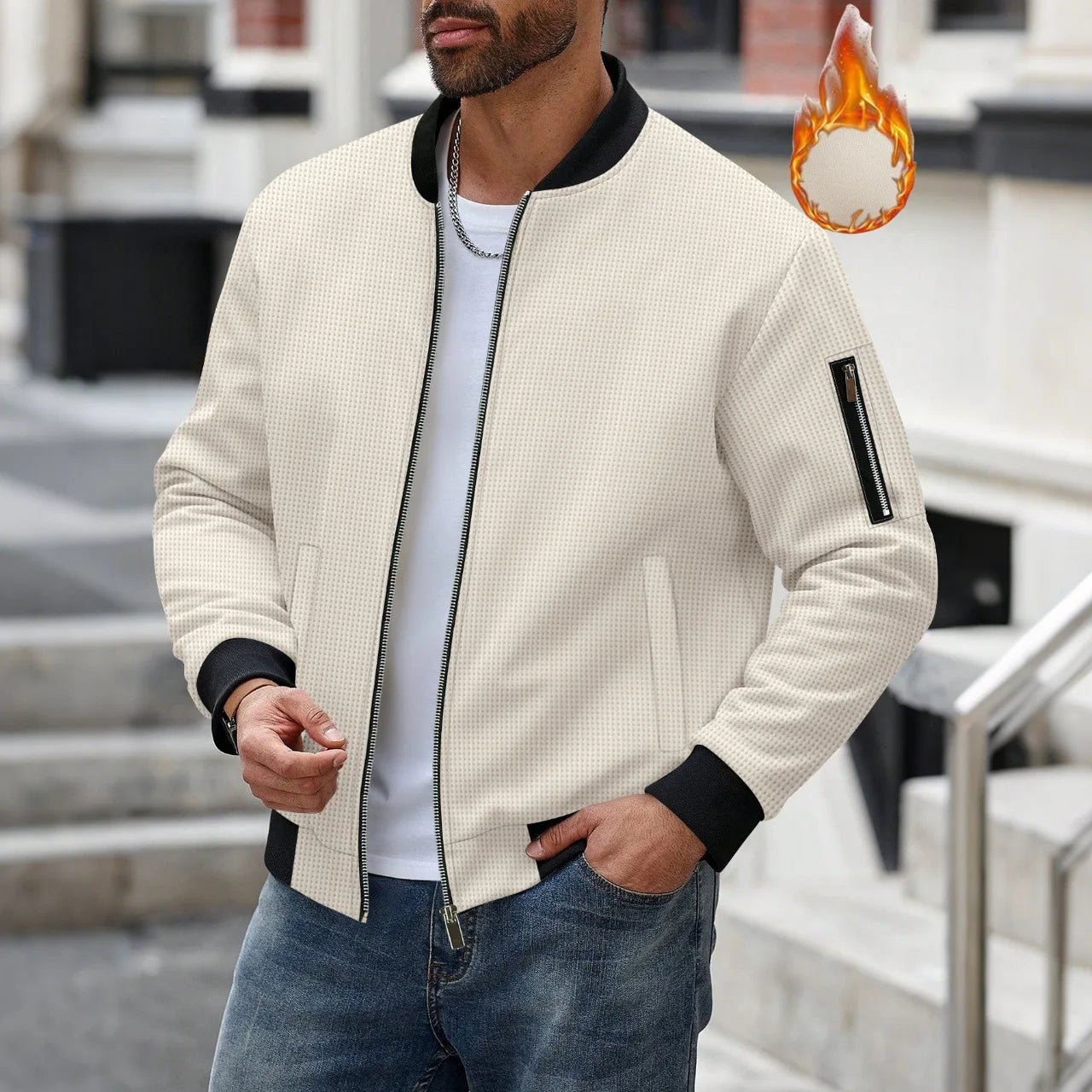 Men's Waffle Textured Thermal Bomber Jacket – Fleece Lined Full Zip Coat with Sleeve Pocket, Casual Winter Streetwear & Daily - StepByStepNow