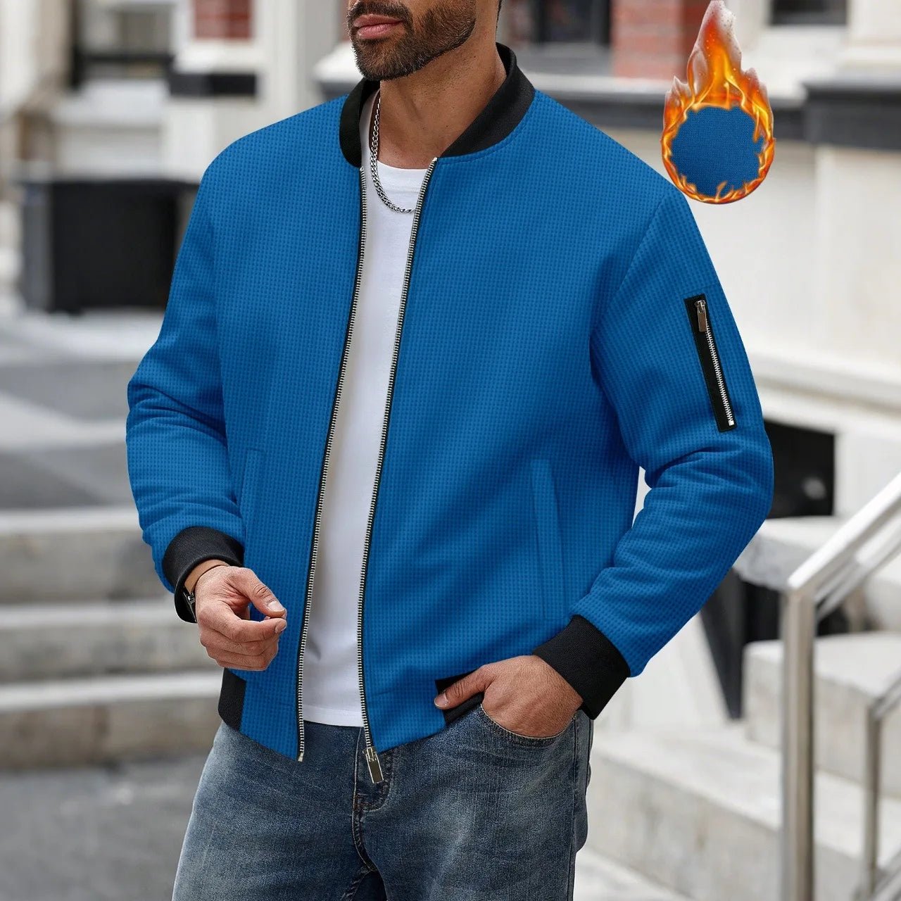 Men's Waffle Textured Thermal Bomber Jacket – Fleece Lined Full Zip Coat with Sleeve Pocket, Casual Winter Streetwear & Daily - StepByStepNow