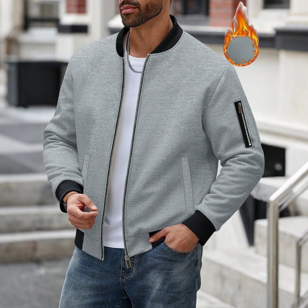 Men's Waffle Textured Thermal Bomber Jacket – Fleece Lined Full Zip Coat with Sleeve Pocket, Casual Winter Streetwear & Daily - StepByStepNow