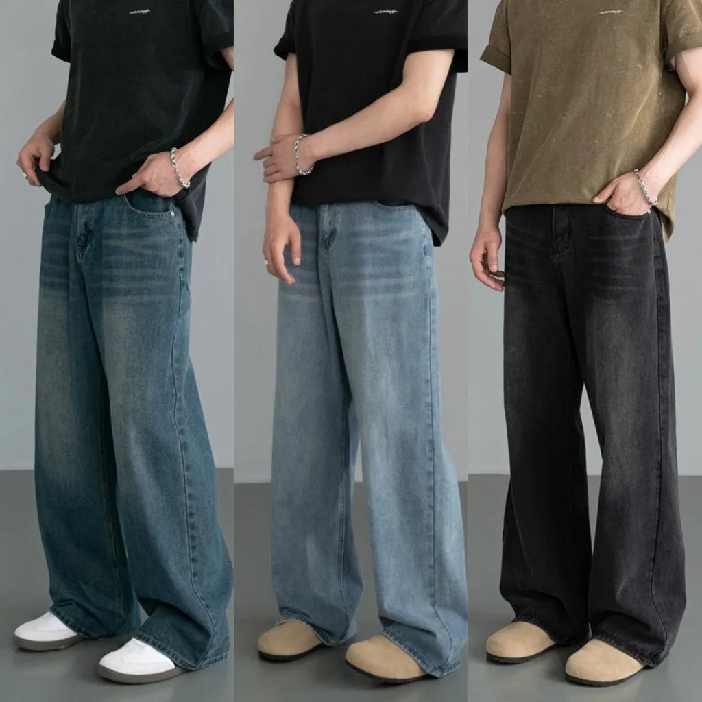 Men's Wide - Leg Blue Washed Jeans - Loose Contrasting Color Denim Pants | StepbyStepNow - StepByStepNow