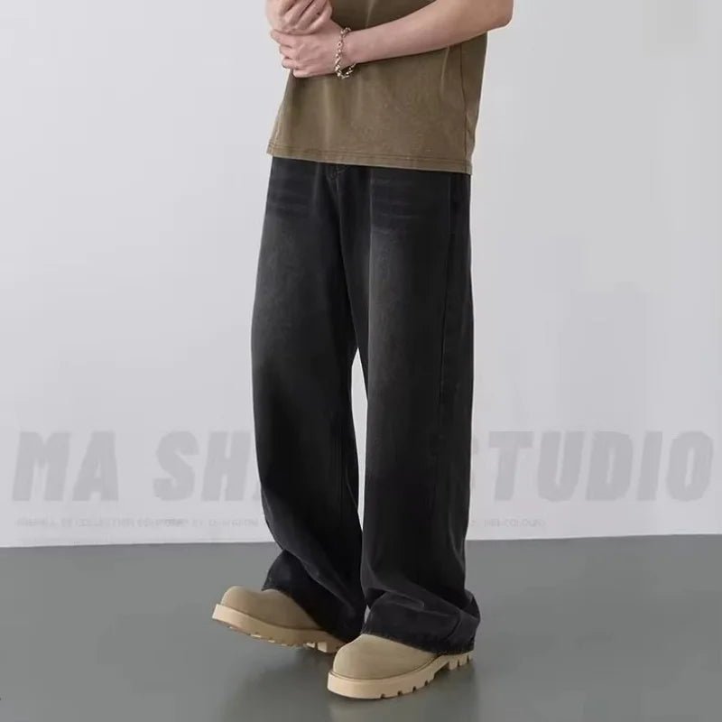 Men's Wide - Leg Blue Washed Jeans - Loose Contrasting Color Denim Pants | StepbyStepNow - StepByStepNow