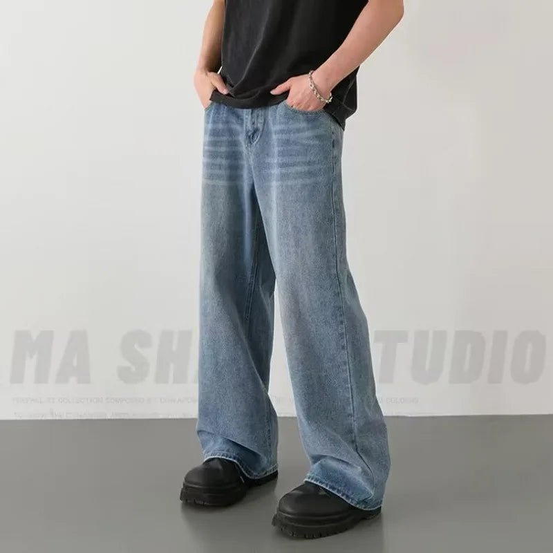Men's Wide - Leg Blue Washed Jeans - Loose Contrasting Color Denim Pants | StepbyStepNow - StepByStepNow