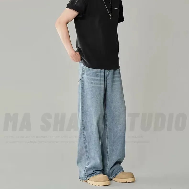 Men's Wide - Leg Blue Washed Jeans - Loose Contrasting Color Denim Pants | StepbyStepNow - StepByStepNow