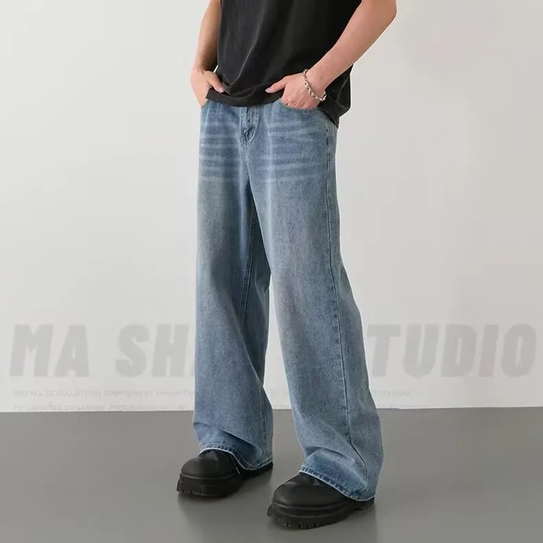 Men's Wide - Leg Blue Washed Jeans - Loose Contrasting Color Denim Pants | StepbyStepNow - StepByStepNow