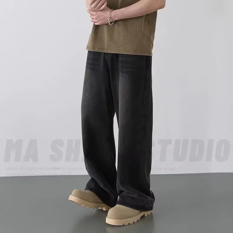 Men's Wide - Leg Blue Washed Jeans - Loose Contrasting Color Denim Pants | StepbyStepNow - StepByStepNow