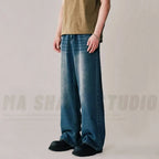 Men's Wide - Leg Blue Washed Jeans - Loose Contrasting Color Denim Pants | StepbyStepNow - StepByStepNow
