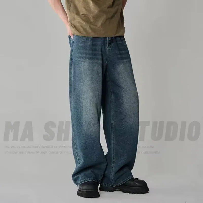 Men's Wide - Leg Blue Washed Jeans - Loose Contrasting Color Denim Pants | StepbyStepNow - StepByStepNow