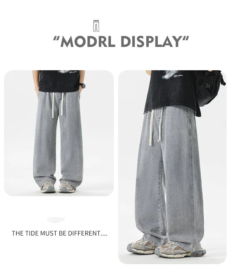 Men's Y2K Baggy Jeans - Korean Retro Streetwear Wide - Leg Straight Hip - Hop Pants - StepByStepNow