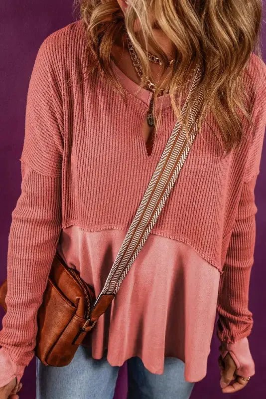 Mineral Red Waffle Knit Patchwork Top - StepByStep