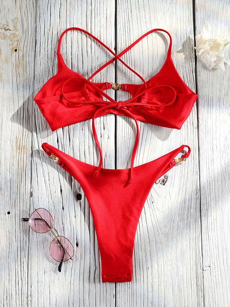 Miyouj Push Up Bikinis Solid Color Swimsuit Women' Swimwear Rings Bikini Bandage Beachwear Two Piece Suit 2026 Sexy Bathing Suit - StepByStepNow