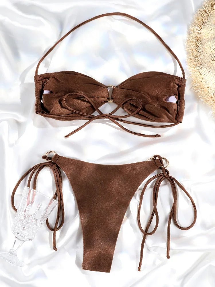 Miyouj Push Up Bikinis Solid Color Swimsuit Women' Swimwear Rings Bikini Bandage Beachwear Two Piece Suit 2026 Sexy Bathing Suit - StepByStepNow