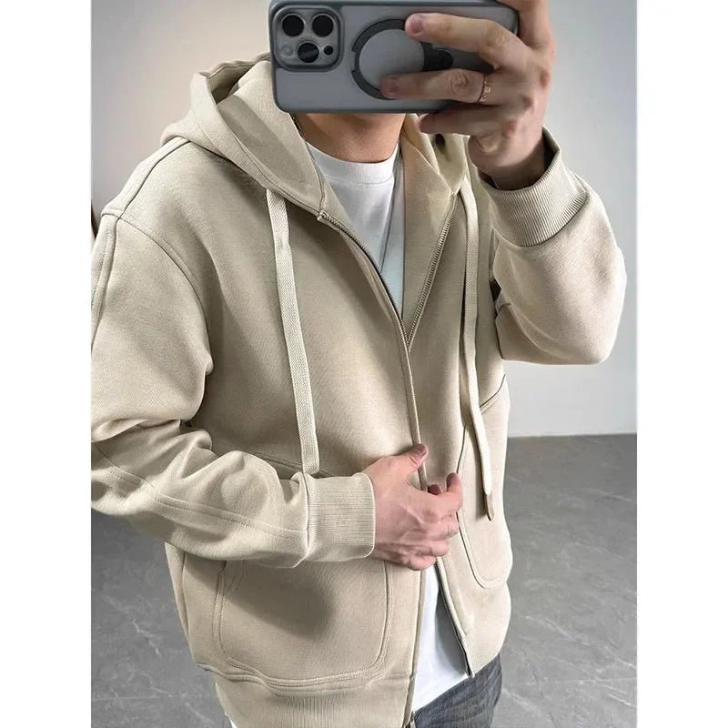 Moda Tasche in tinta unita Cerniera Felpe con cappuccio Abbigliamento da uomo 2025 Autunno Inverno Nuove magliette coreane allentate Felpe casual - StepByStepNow