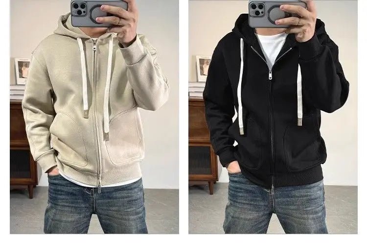 Moda Tasche in tinta unita Cerniera Felpe con cappuccio Abbigliamento da uomo 2025 Autunno Inverno Nuove magliette coreane allentate Felpe casual - StepByStepNow