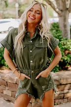 Moss Green Distressed Frayed Denim Romper - StepByStep