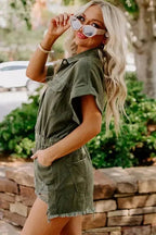 Moss Green Distressed Frayed Denim Romper - StepByStep