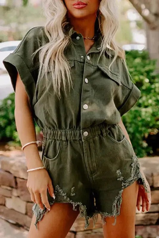 Moss Green Distressed Frayed Denim Romper - StepByStep