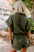 Moss Green Distressed Frayed Denim Romper - StepByStep