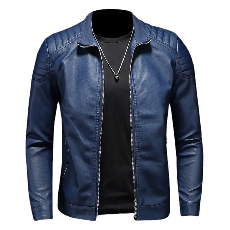 Motorcycle PU Leather Jacket Men Winter Leahter Jacket Male Stand Collar Casual Windbreaker trendy mens clothing black blue coat - StepByStep