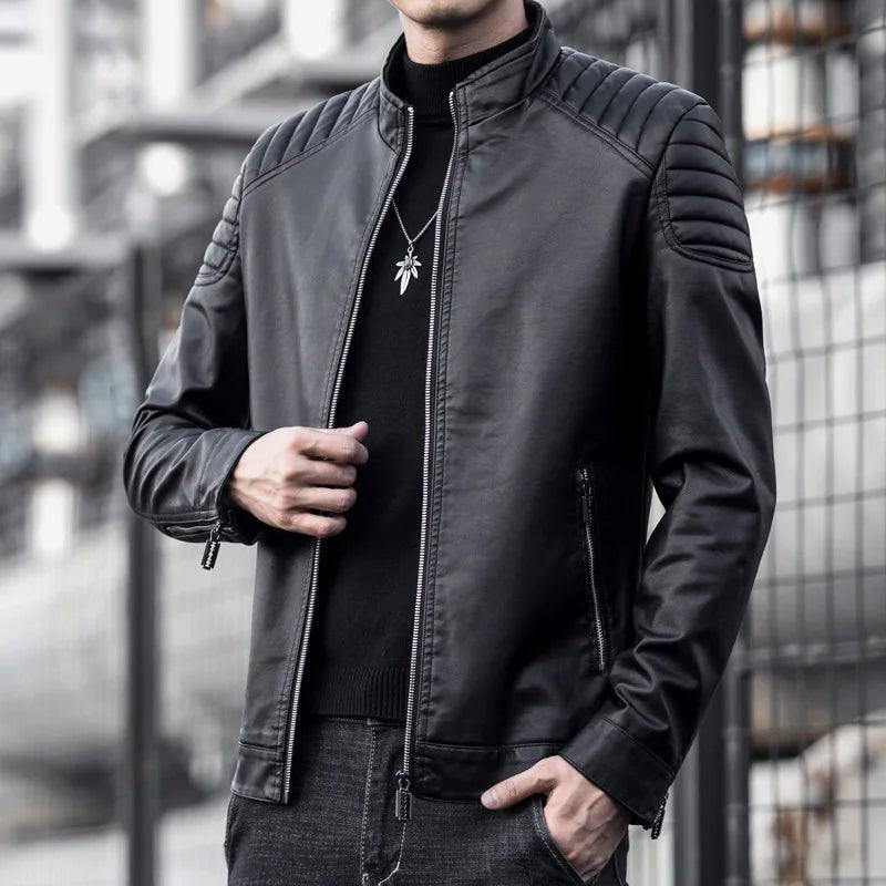 Motorcycle PU Leather Jacket Men Winter Leahter Jacket Male Stand Collar Casual Windbreaker trendy mens clothing black blue coat - StepByStep