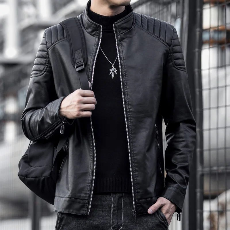Motorcycle PU Leather Jacket Men Winter Leahter Jacket Male Stand Collar Casual Windbreaker trendy mens clothing black blue coat - StepByStep