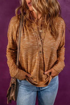 Mustard Rib Knit Drop Shoulder Long Sleeve Henley Top - StepByStep