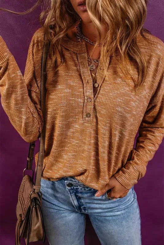 Mustard Rib Knit Drop Shoulder Long Sleeve Henley Top - StepByStep