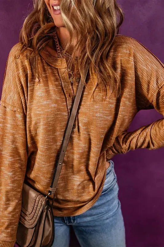 Mustard Rib Knit Drop Shoulder Long Sleeve Henley Top - StepByStep