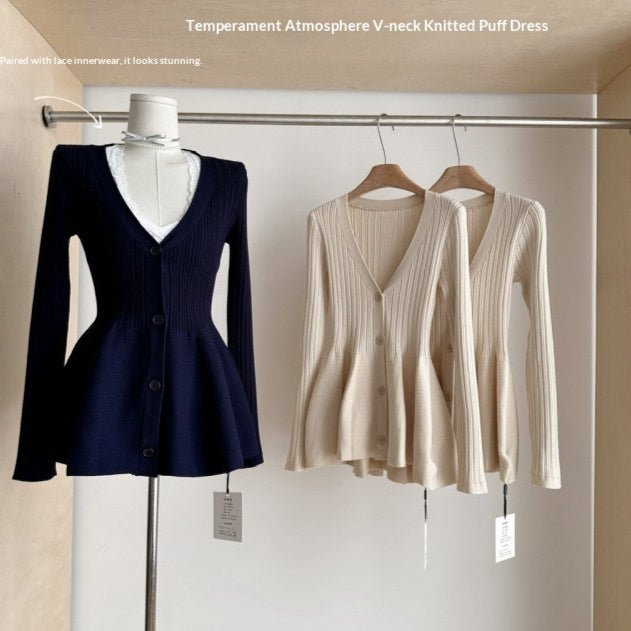 Navy Blue Waist - Cinching Low - Neck All - Match Long - Sleeve V - Neck Knitted Cardigan - StepByStepNow