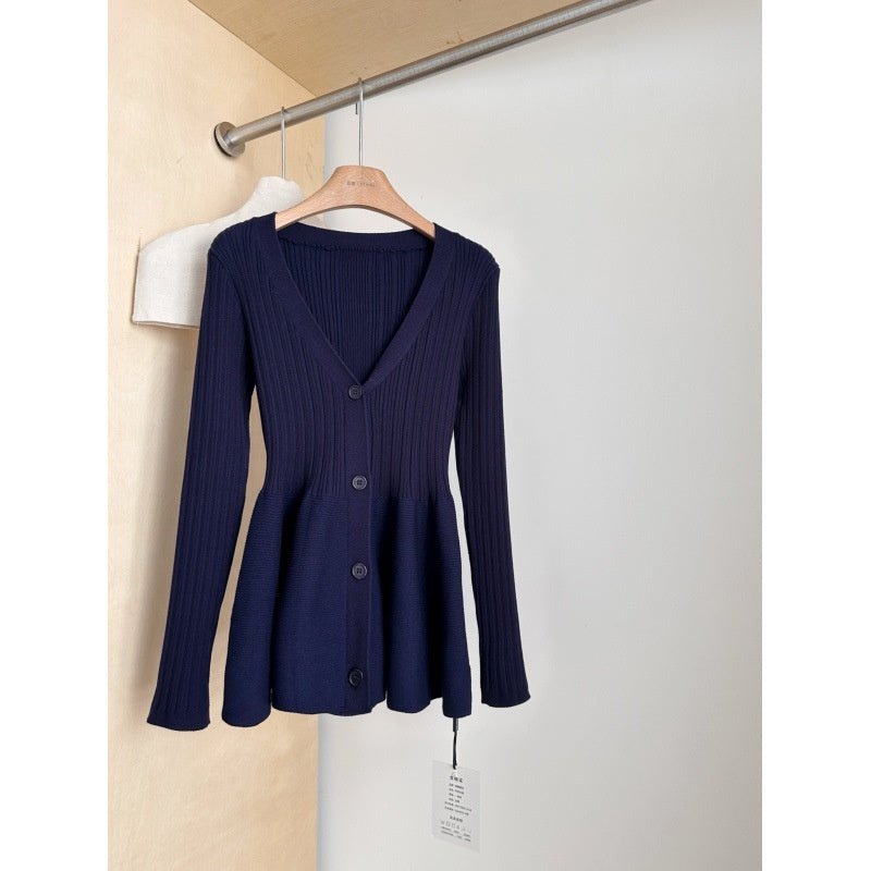 Navy Blue Waist - Cinching Low - Neck All - Match Long - Sleeve V - Neck Knitted Cardigan - StepByStepNow