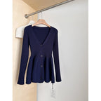 Navy Blue Waist - Cinching Low - Neck All - Match Long - Sleeve V - Neck Knitted Cardigan - StepByStepNow