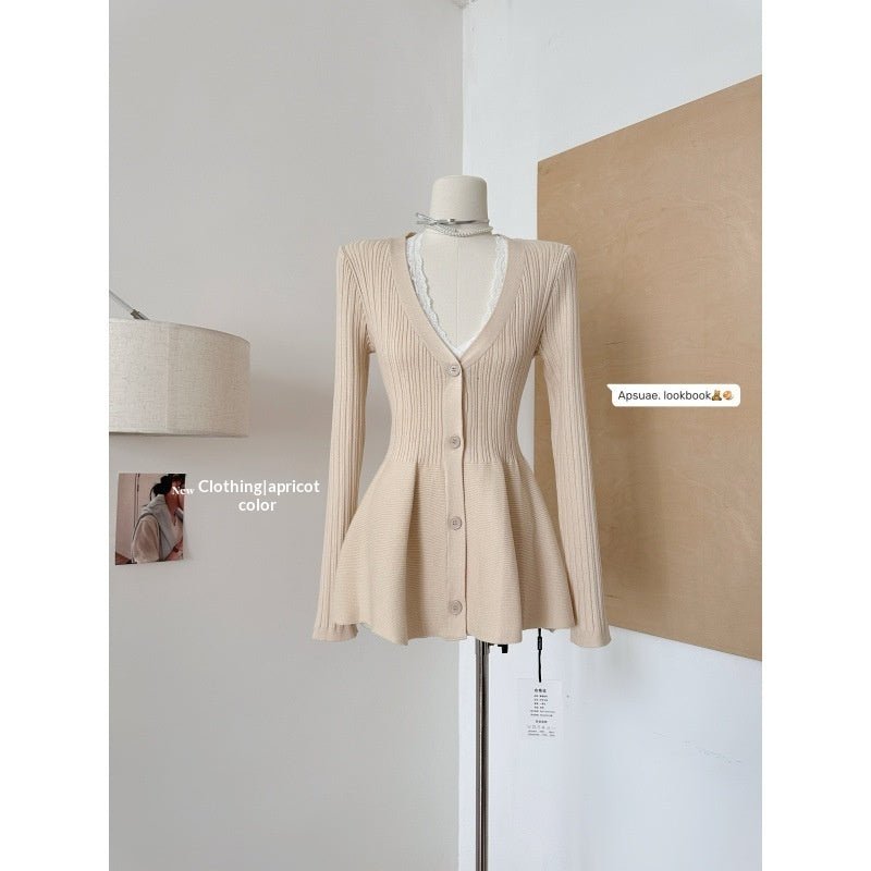 Navy Blue Waist - Cinching Low - Neck All - Match Long - Sleeve V - Neck Knitted Cardigan - StepByStepNow