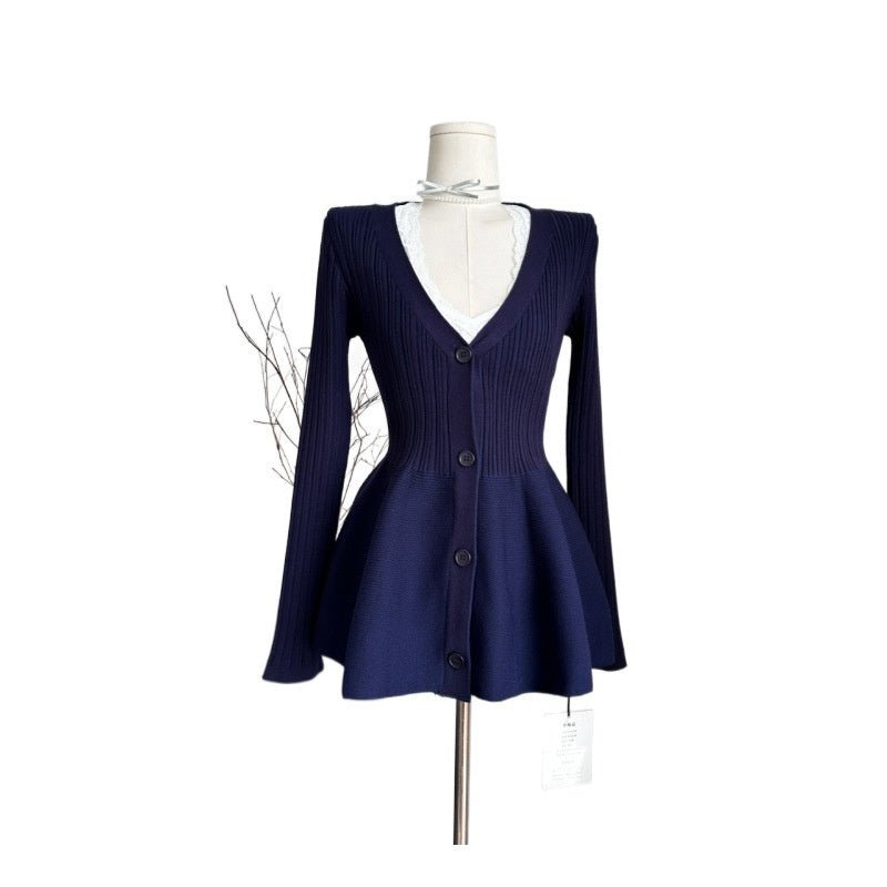 Navy Blue Waist - Cinching Low - Neck All - Match Long - Sleeve V - Neck Knitted Cardigan - StepByStepNow