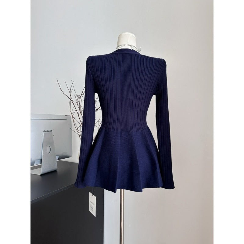 Navy Blue Waist - Cinching Low - Neck All - Match Long - Sleeve V - Neck Knitted Cardigan - StepByStepNow